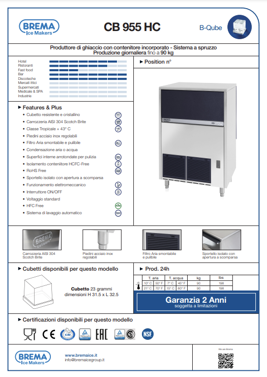 Produttore di ghiaccio con contenitore incorporato - Sistema a spruzzo Produzione giornaliera fino a 90 kg